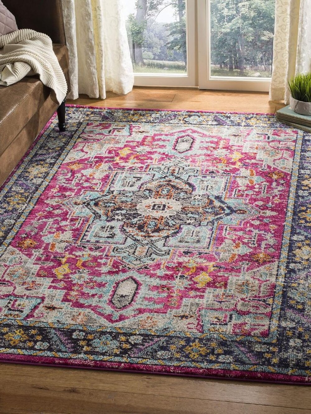 Monaco Collection Area Rug - 6'7" Square, Fuchsia & Grey, Boho Chic Medallion Di